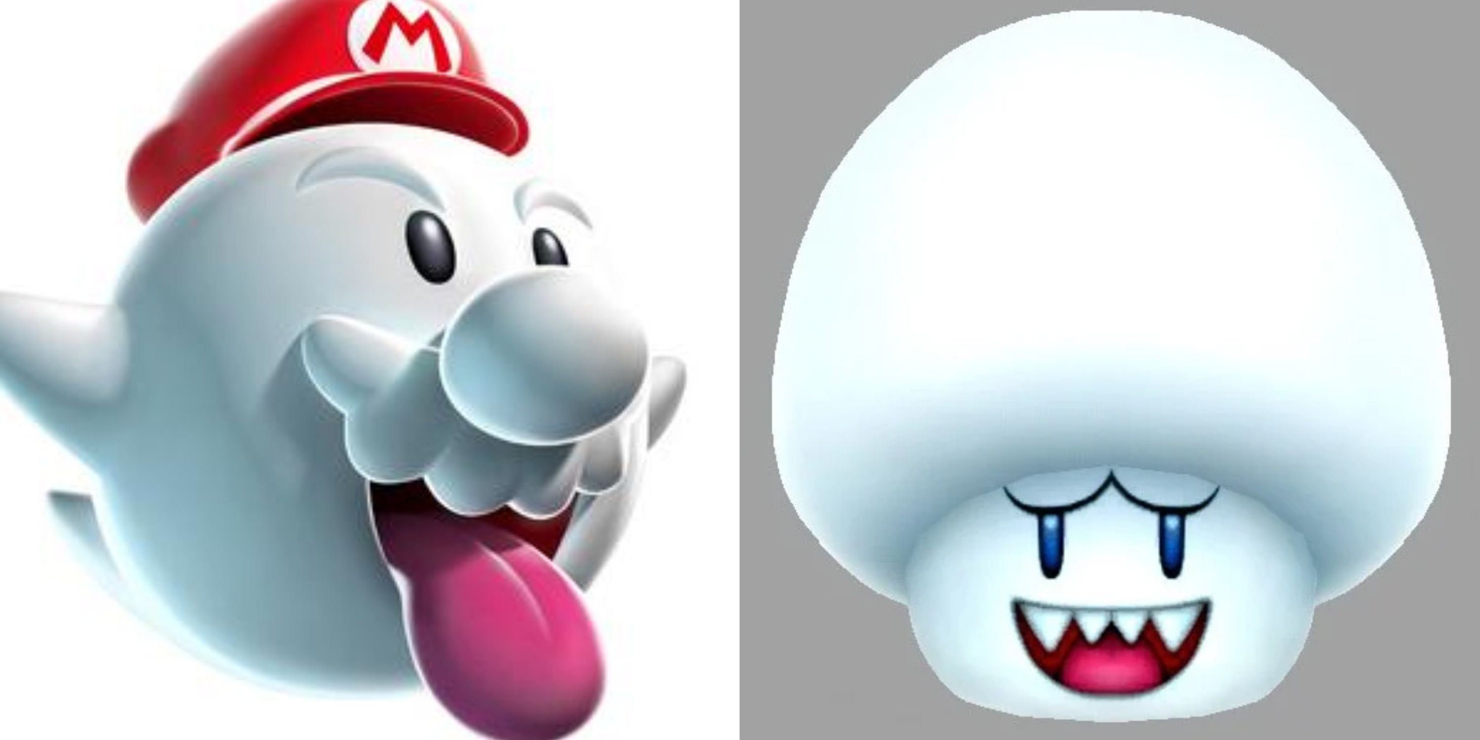 Boo Mario side by side with the Boo Mushroom. 