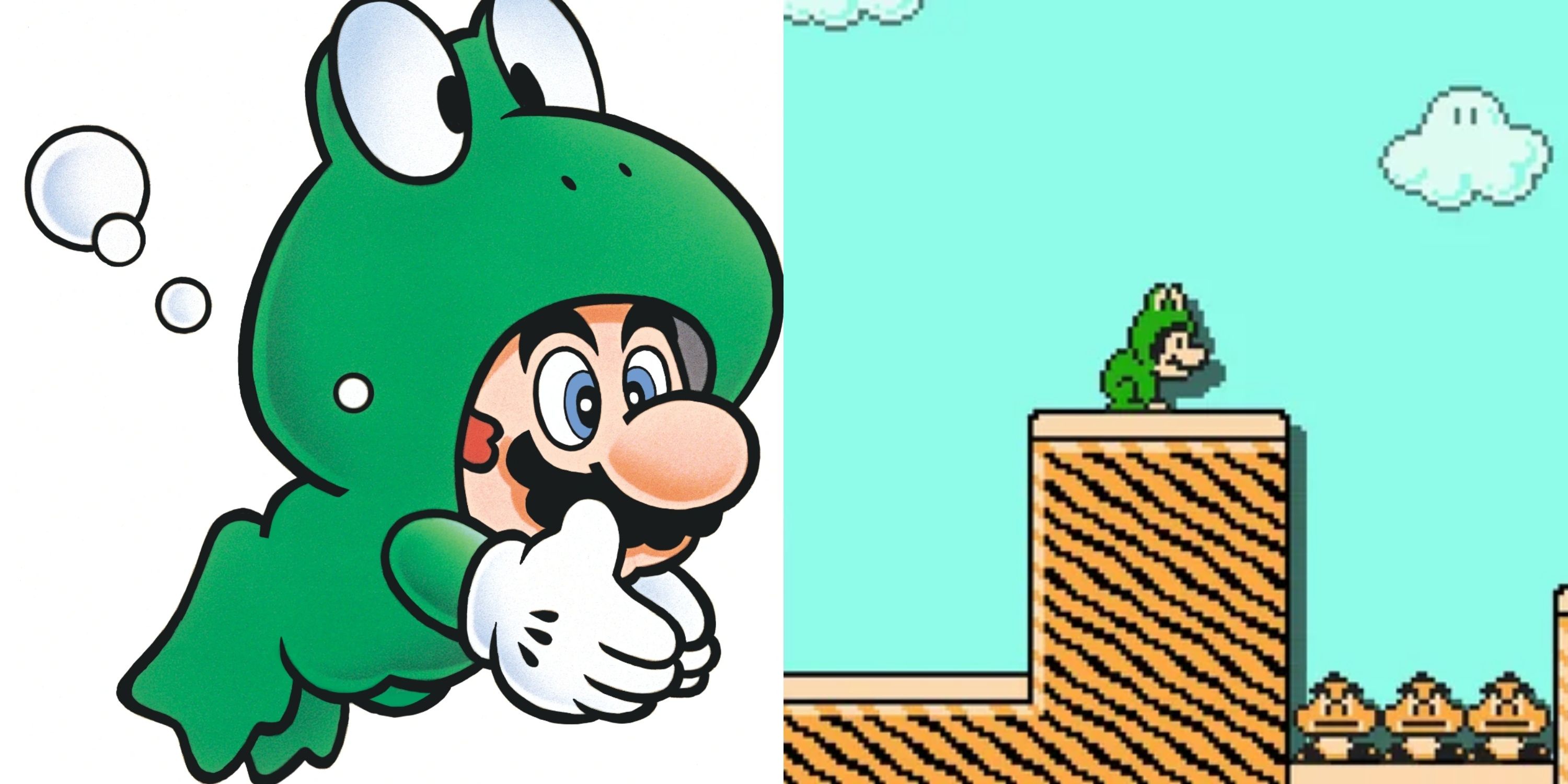 Side by side shots of Frog Mario in different games. 