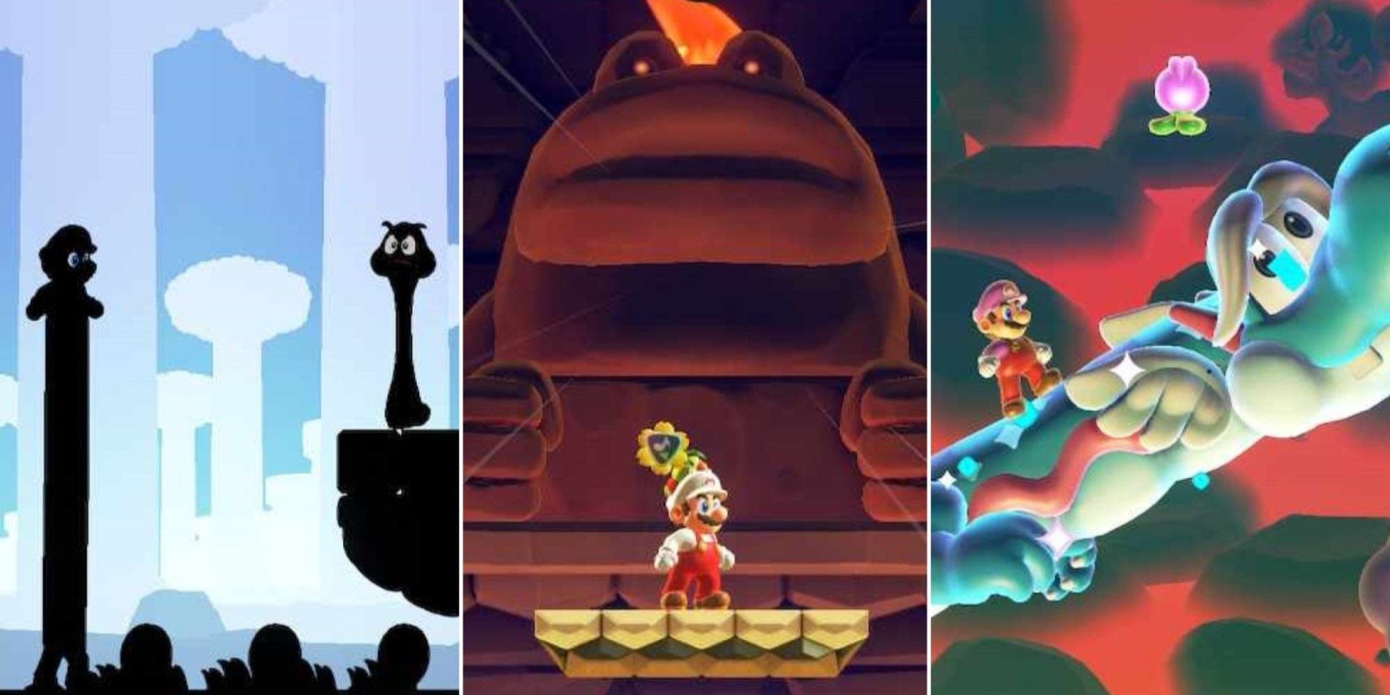 Screenshots from three different Wonder Seed sections in Super Mario Bros. Wonder.