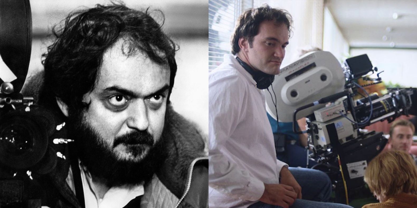 Split image of Stanley Kubrick and Quentin Tarantino working with cameras