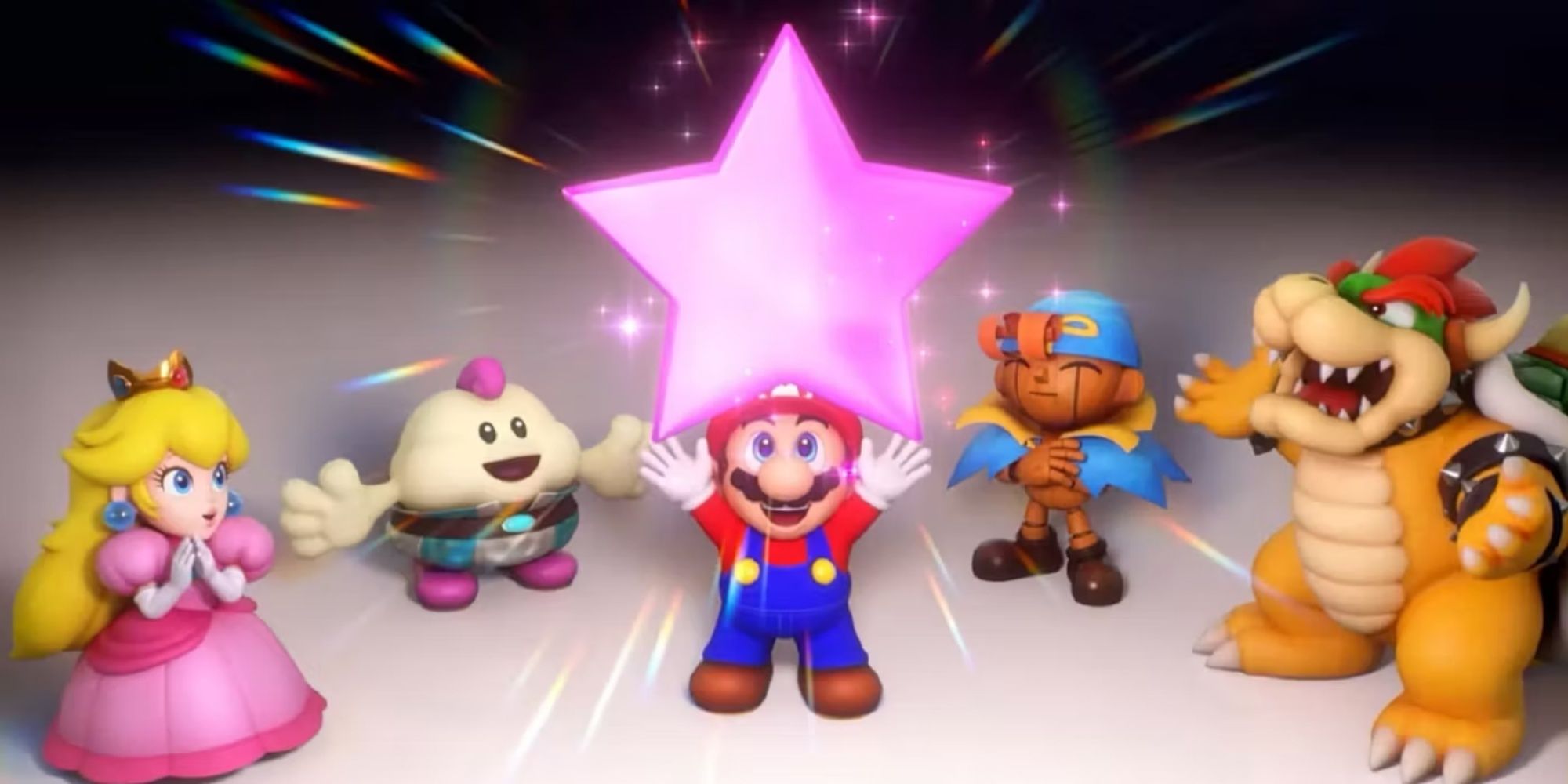 Mario surrounded by the cast of Super Mario RPG.