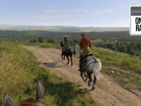 Three knights riding on a scenic dirt path in the hills of Bohemia in Kingdom Come: Deliverance 2