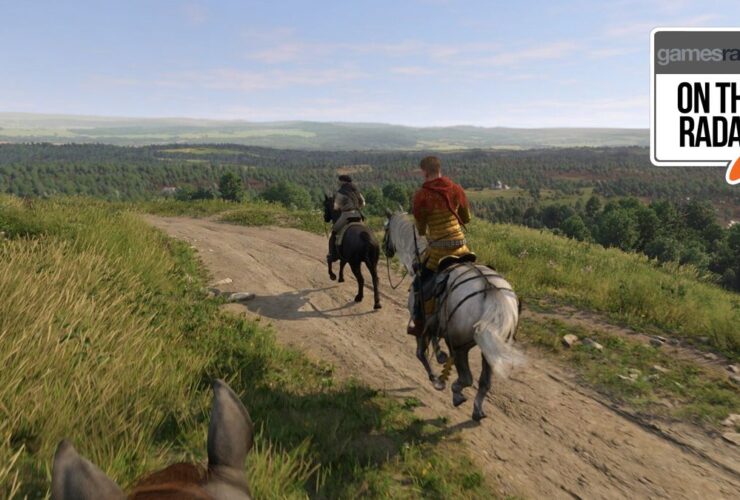 Three knights riding on a scenic dirt path in the hills of Bohemia in Kingdom Come: Deliverance 2