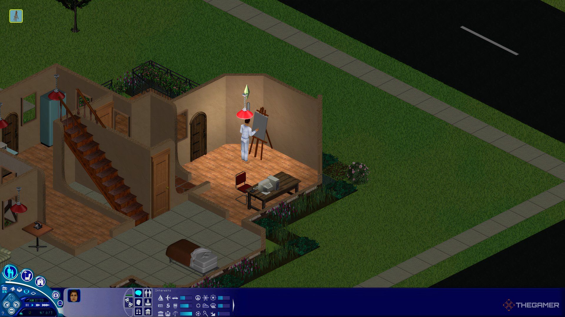 A Sim drawing on an Easel in The Sims.