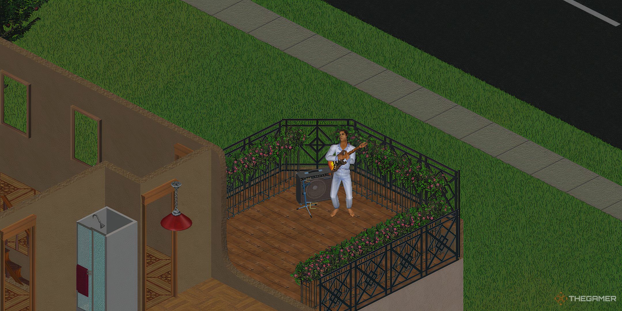 A Sim playing guitar in a balcony in The Sims.