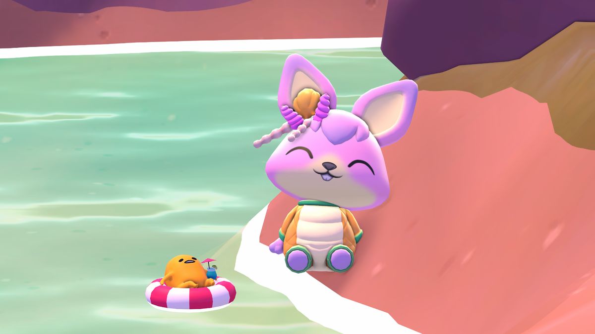 A player and Gudetama in Hello Kitty Island Adventure.