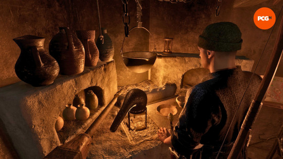 Kingdom Come Deliverance 2 money: a man stands at a rudimentary alchemy bench complete with cauldron and many sacks of unknown ingredients.