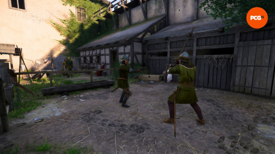 Kingdom Come Deliverance 2 money: two men wearing armor fight with wooden swords.