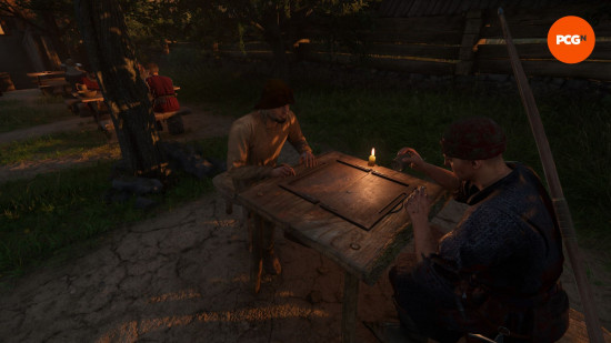 Kingdom Come Deliverance 2 money: two man sit at a table playing a game of dice.