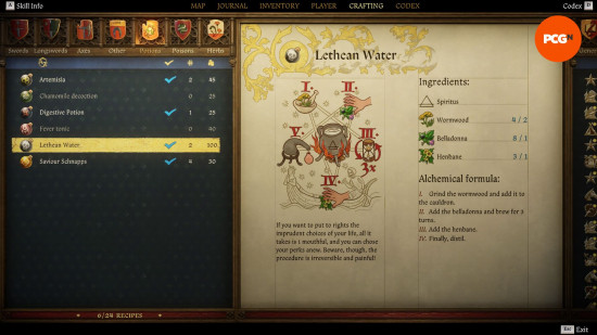 Kingdom Come Deliverance 2 respec: a page from an old book showing the recipe for a potion called Lethean Water.