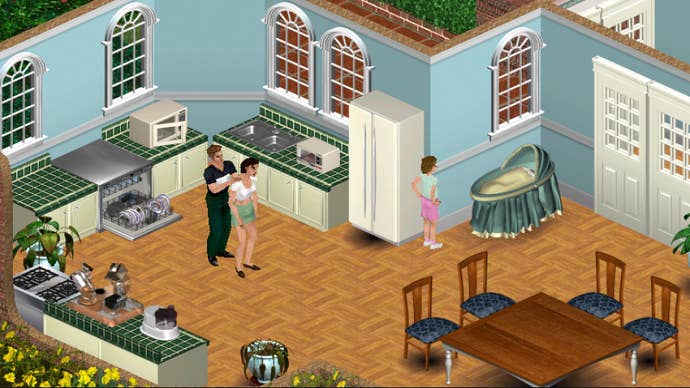 A domestic scene from the original The Sims base game. In a kitchen/dining room stocked with middle-tier items, an adult male Sim gives a backrub to an adult female Sim, while a female child stands looking at a baby in a bassinet.