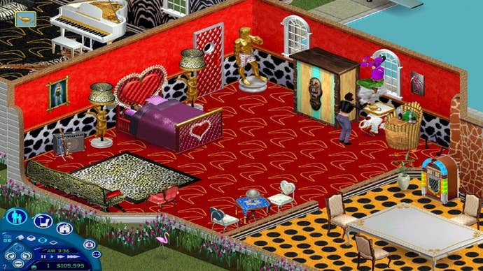 A red love-themed bedroom in The Sims 1, with a leopard-print kitchen visible off to the side.