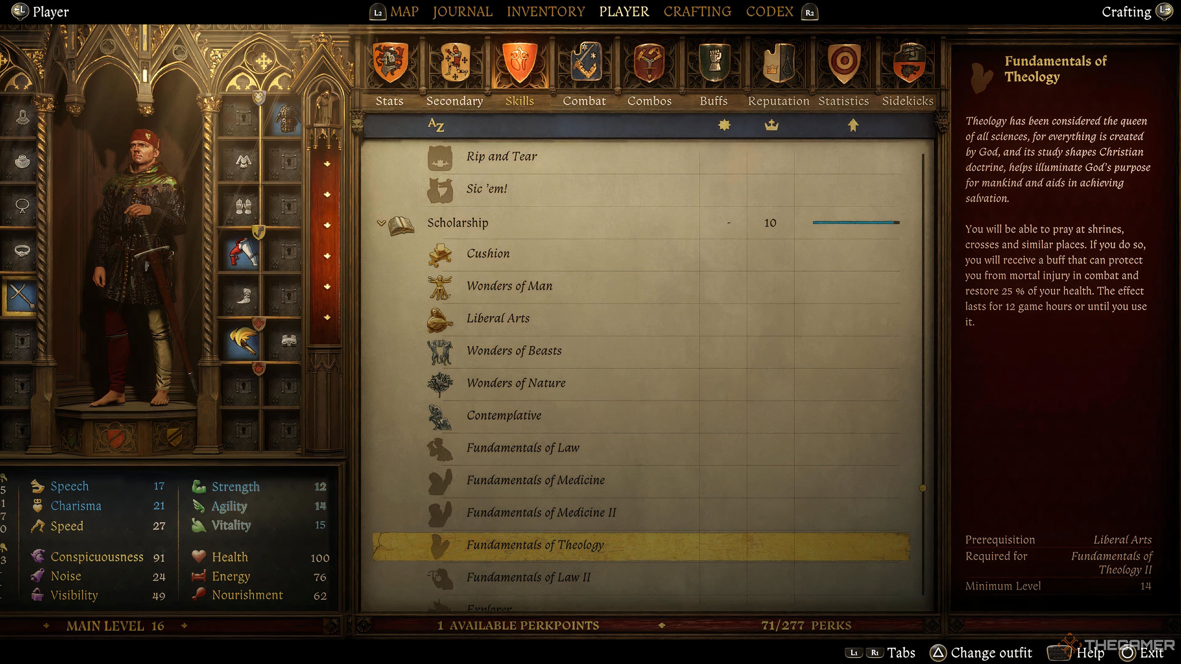 The stats screen showing a skill that activates shrines in Kingdom Come: Deliverance 2.