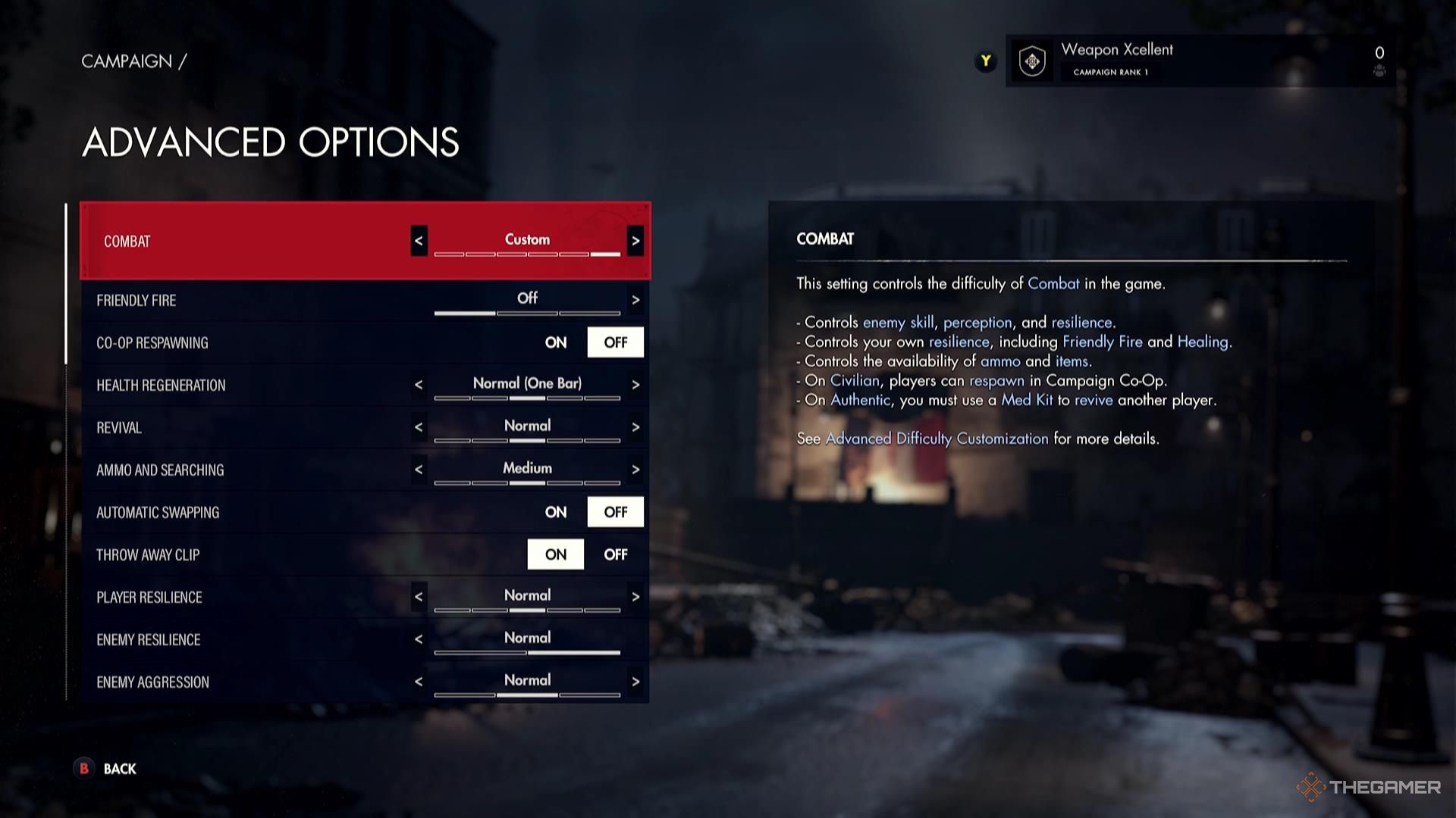 The Advanced Options menu in Sniper Elite Resistance.