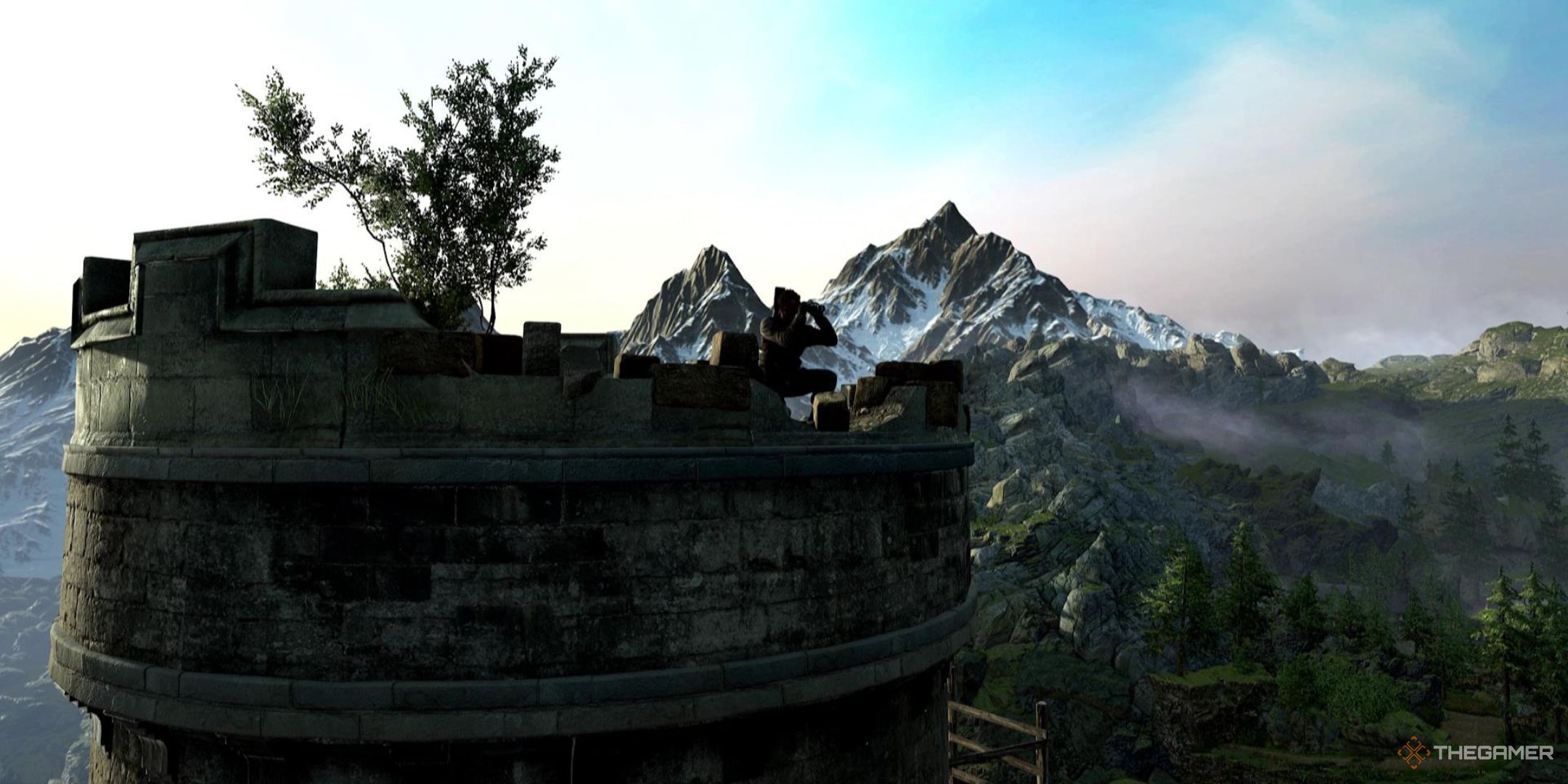 A small stone tower sits dilapidated in the foreground, with a man looking through binoculars into the distance in Sniper Elite: Resistance.