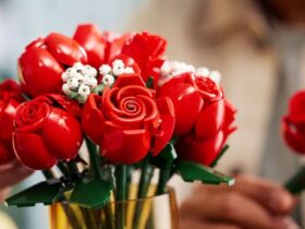 Lego Bouquet of Roses in a vase, with a hand taking one