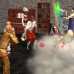 The Sims 2 screenshot of two sims fighting and onlookers cheering or booing for them