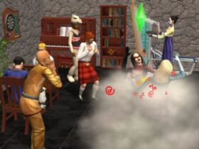 The Sims 2 screenshot of two sims fighting and onlookers cheering or booing for them