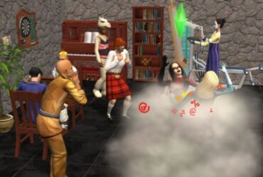 The Sims 2 screenshot of two sims fighting and onlookers cheering or booing for them