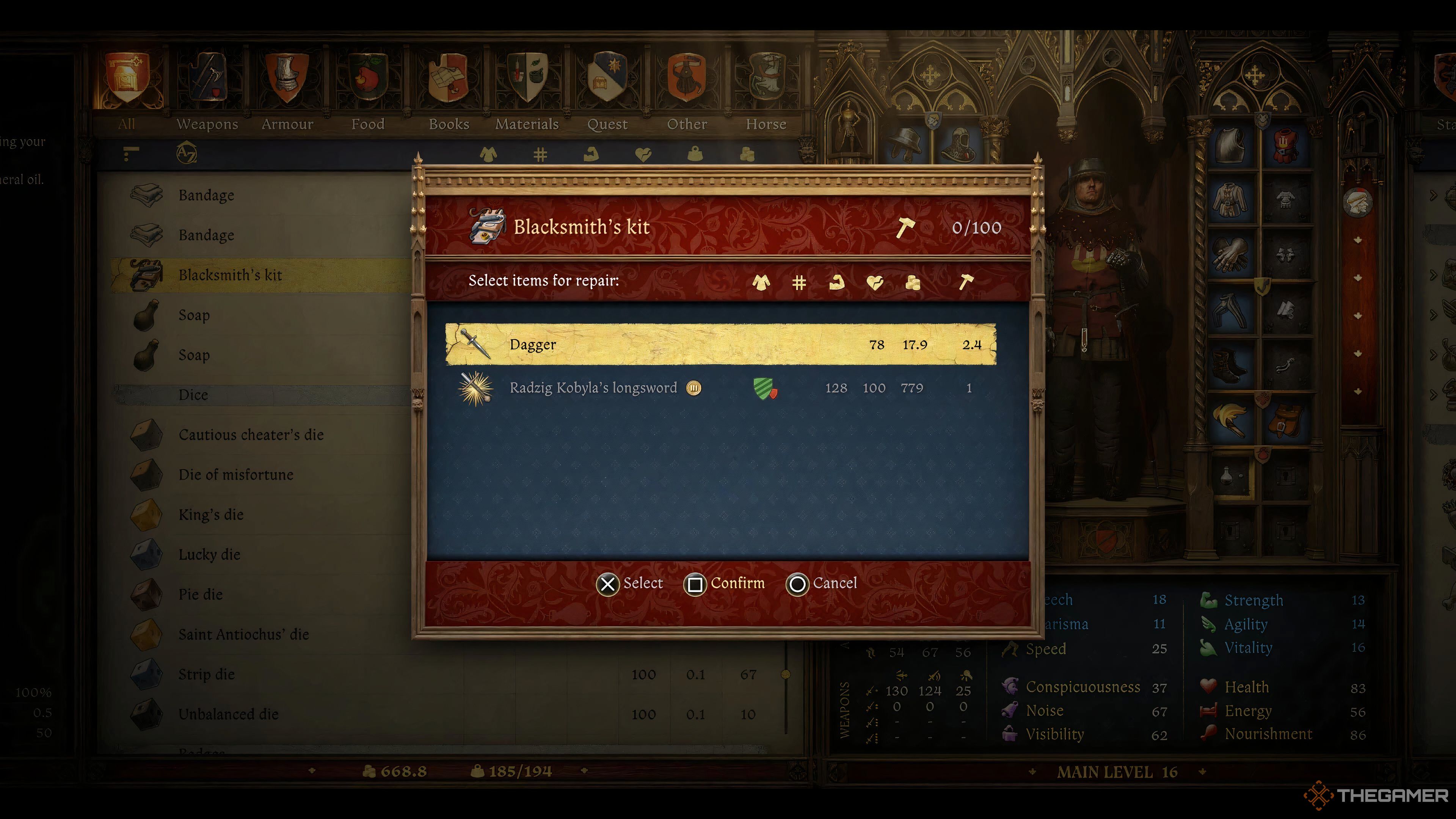 Using a Blackmsith's kit in the menu in Kingdom Come: Deliverance 2.