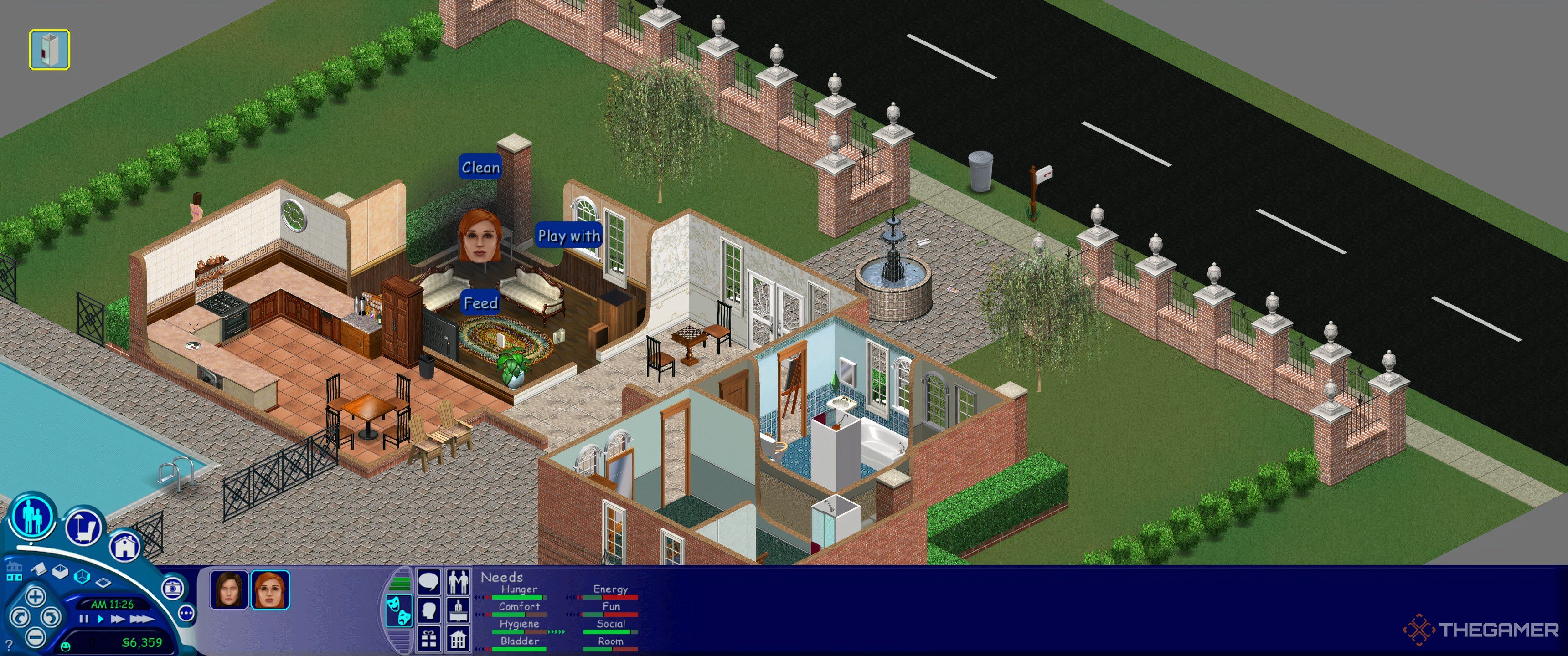 Sims 1 household with a Sim showing the dialogue to clean, play with, or pet a guinea pig.