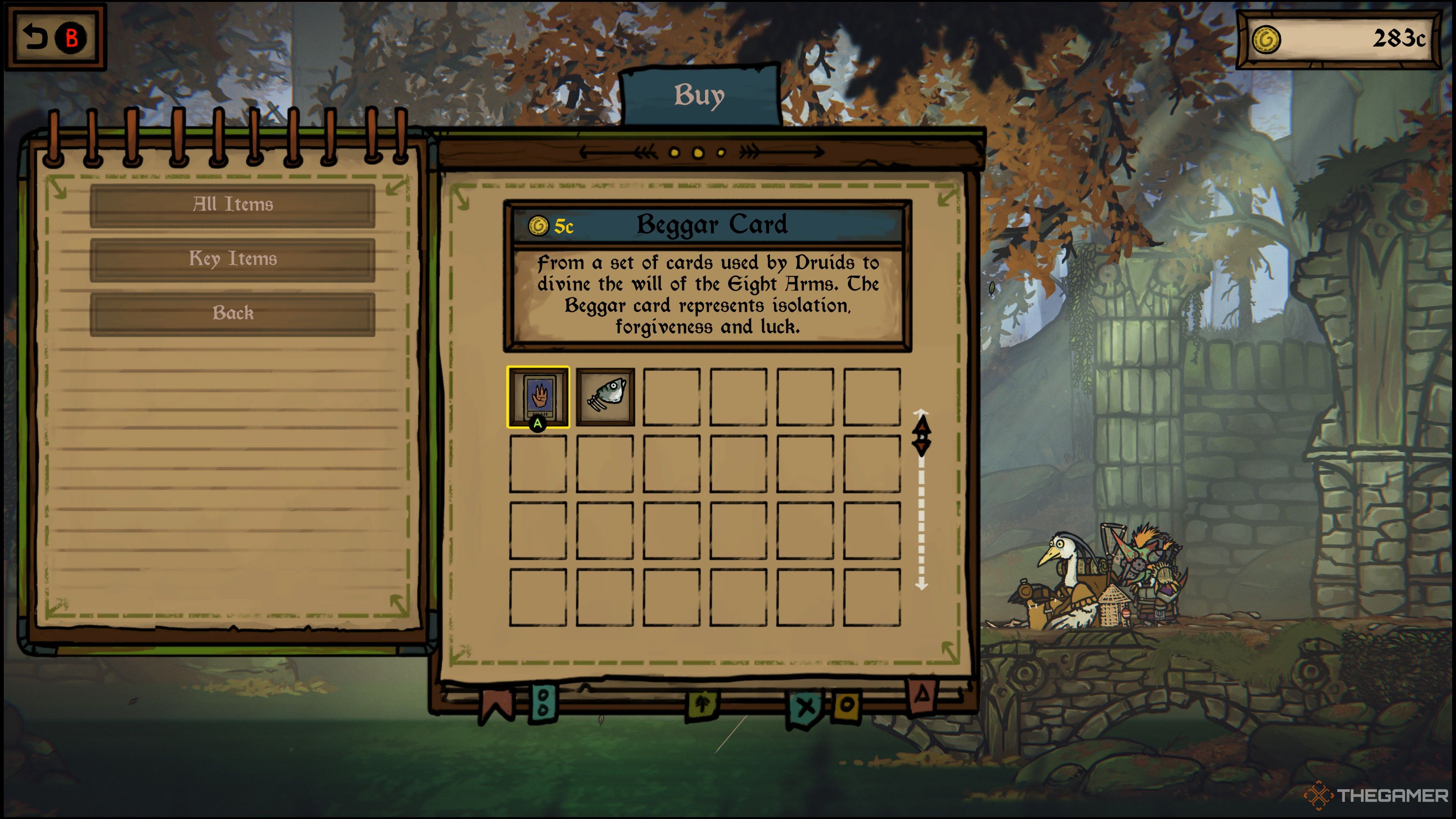 Arlo looks at Ernest's inventory after Heron By The Lake and sees the Beggar Card in Tails Of Iron 2: Whiskers Of Winter.