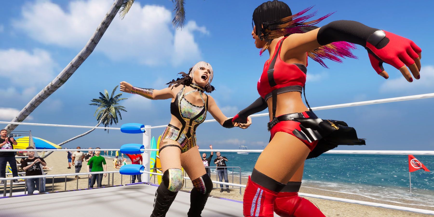 A screenshot of Jamie Hayter fighting in the beach arena in AEW Fight Forever.