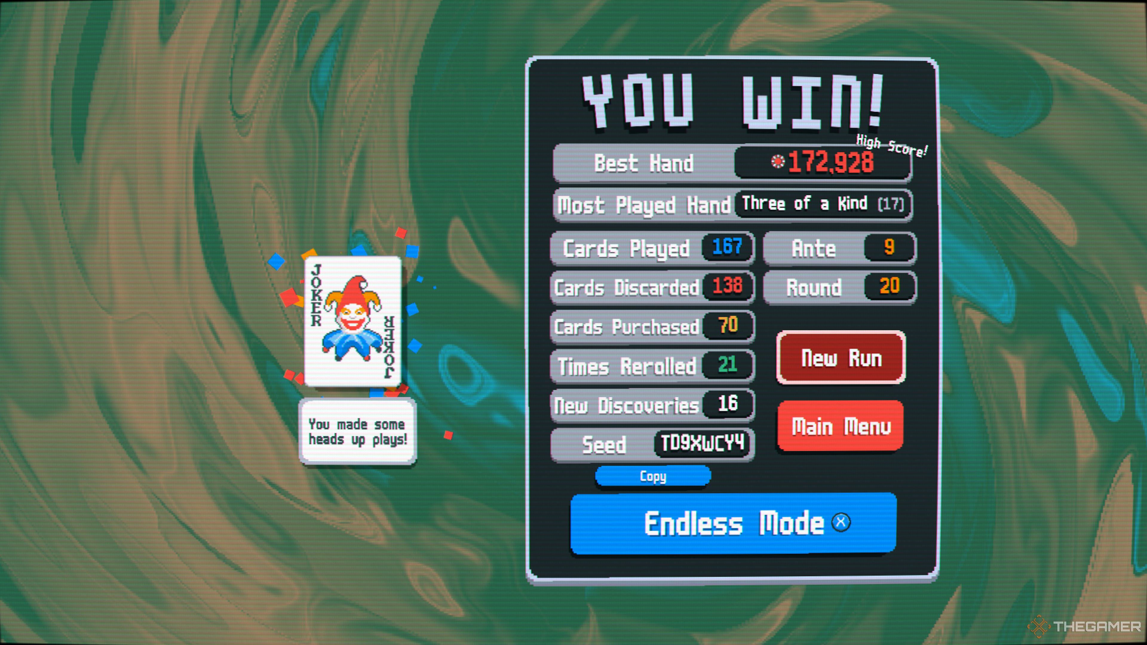 A Win screen in Balatro, with Jimbo telling you nice things and your results on the right side.