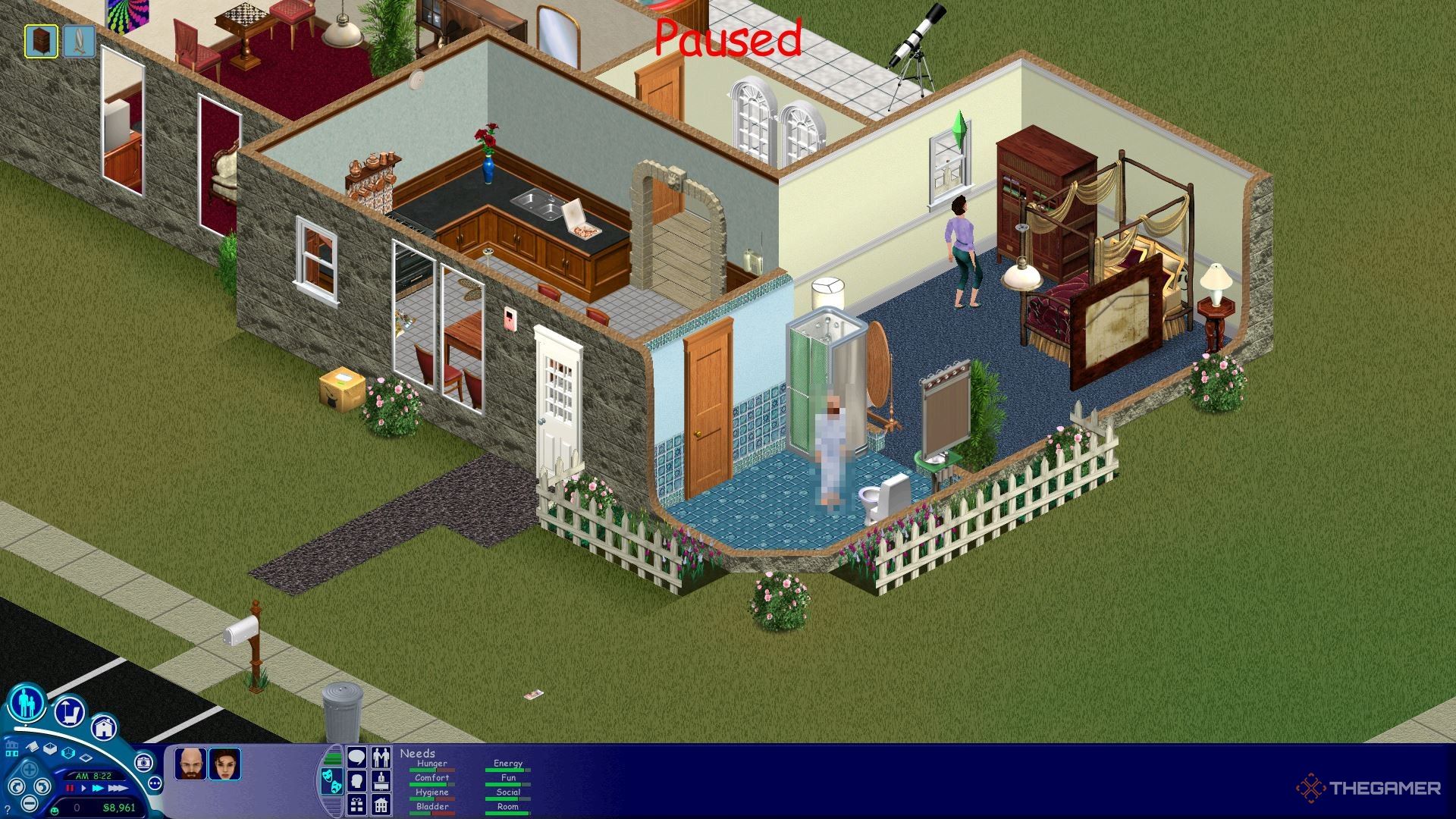 Bob using the bathroom to fill his Bladder need in The Sims.