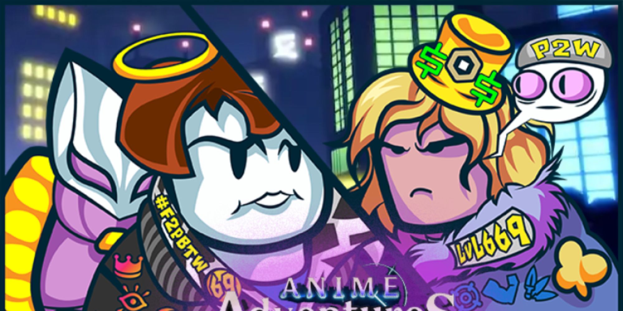 The featuring image for Anime Adventures, including two drawn Roblox characters