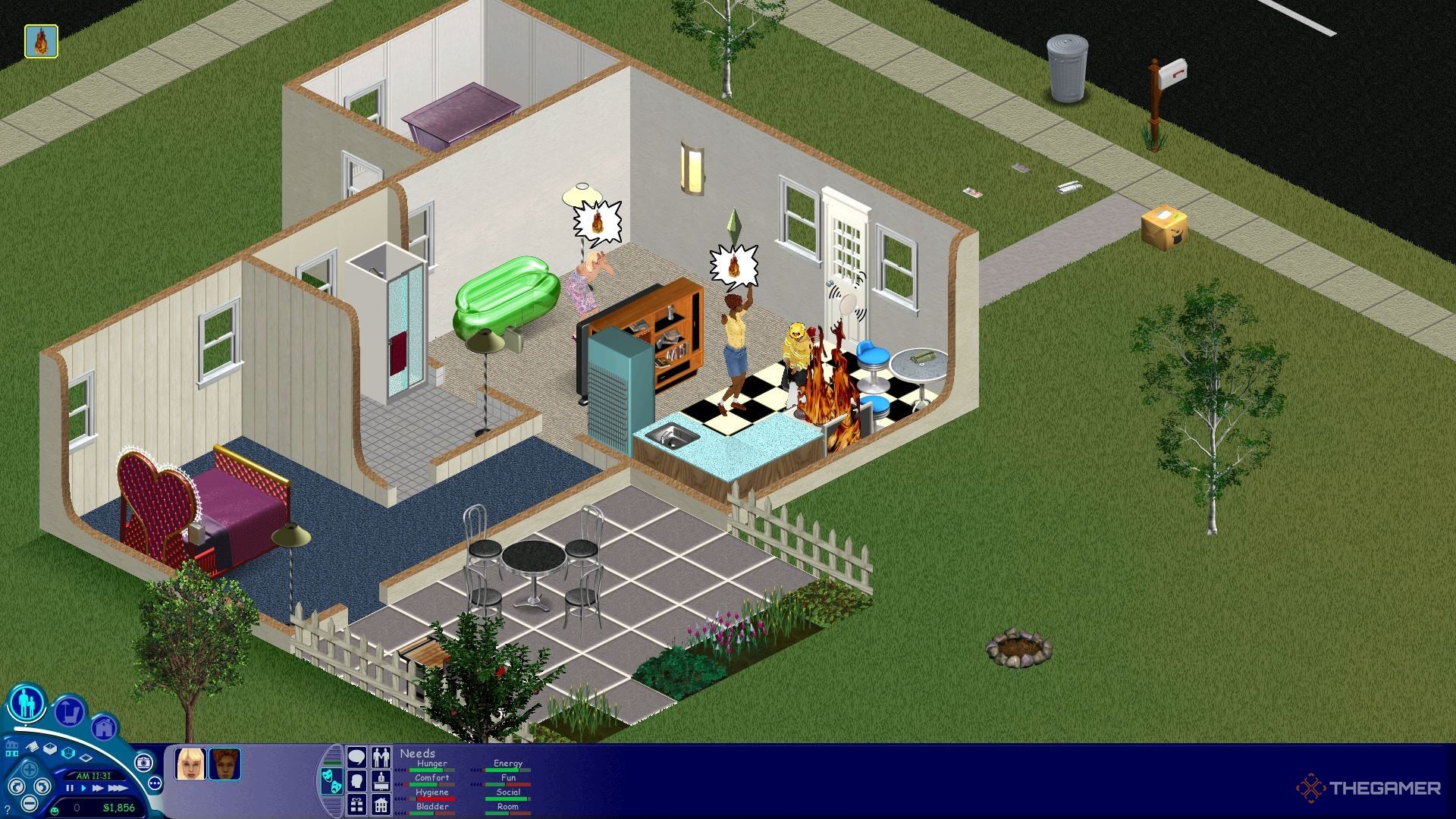 A fireman putting out a fire in The Sims.