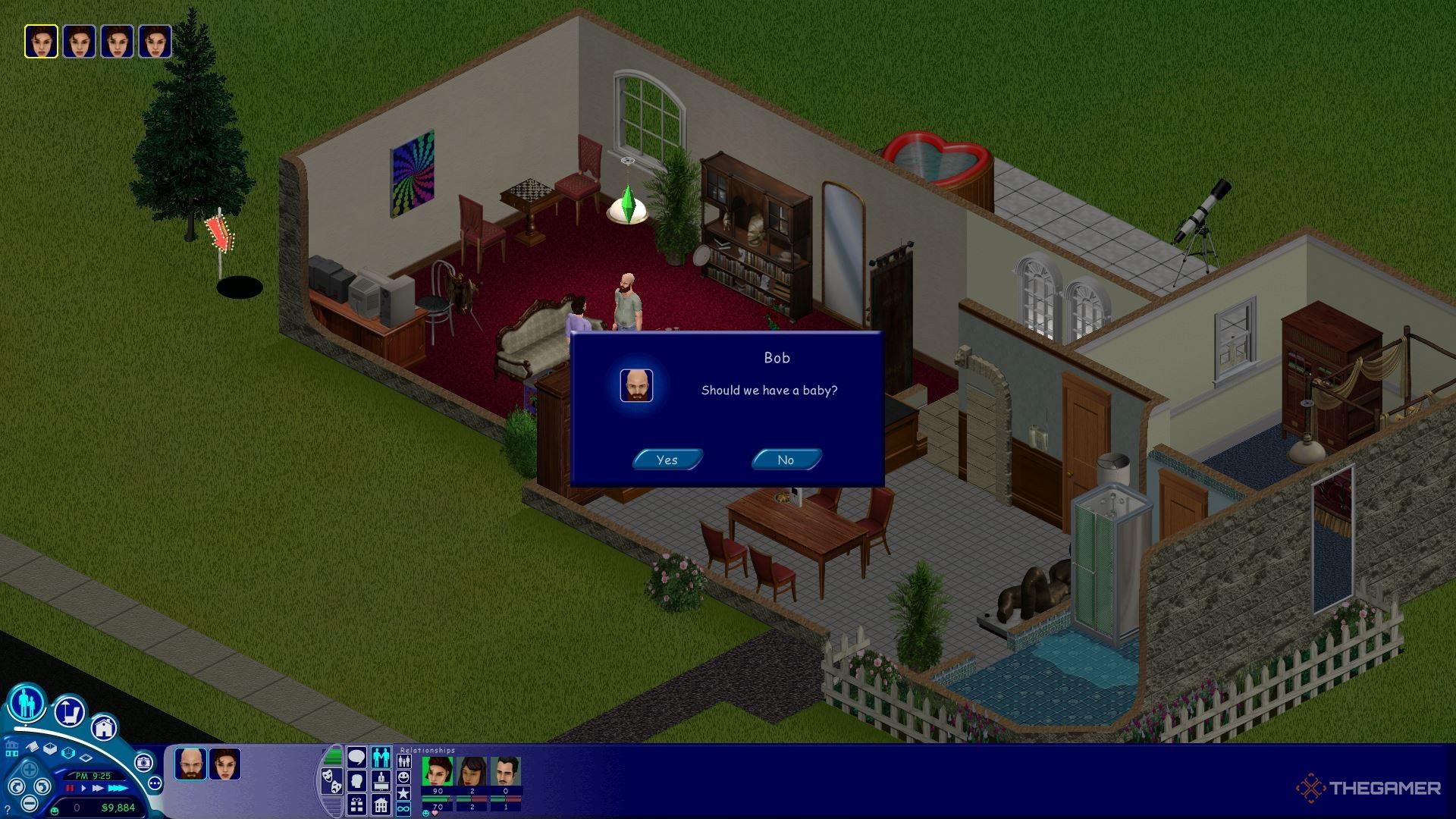 Bob asking Betty Newbie if they should have a baby in The Sims.-1