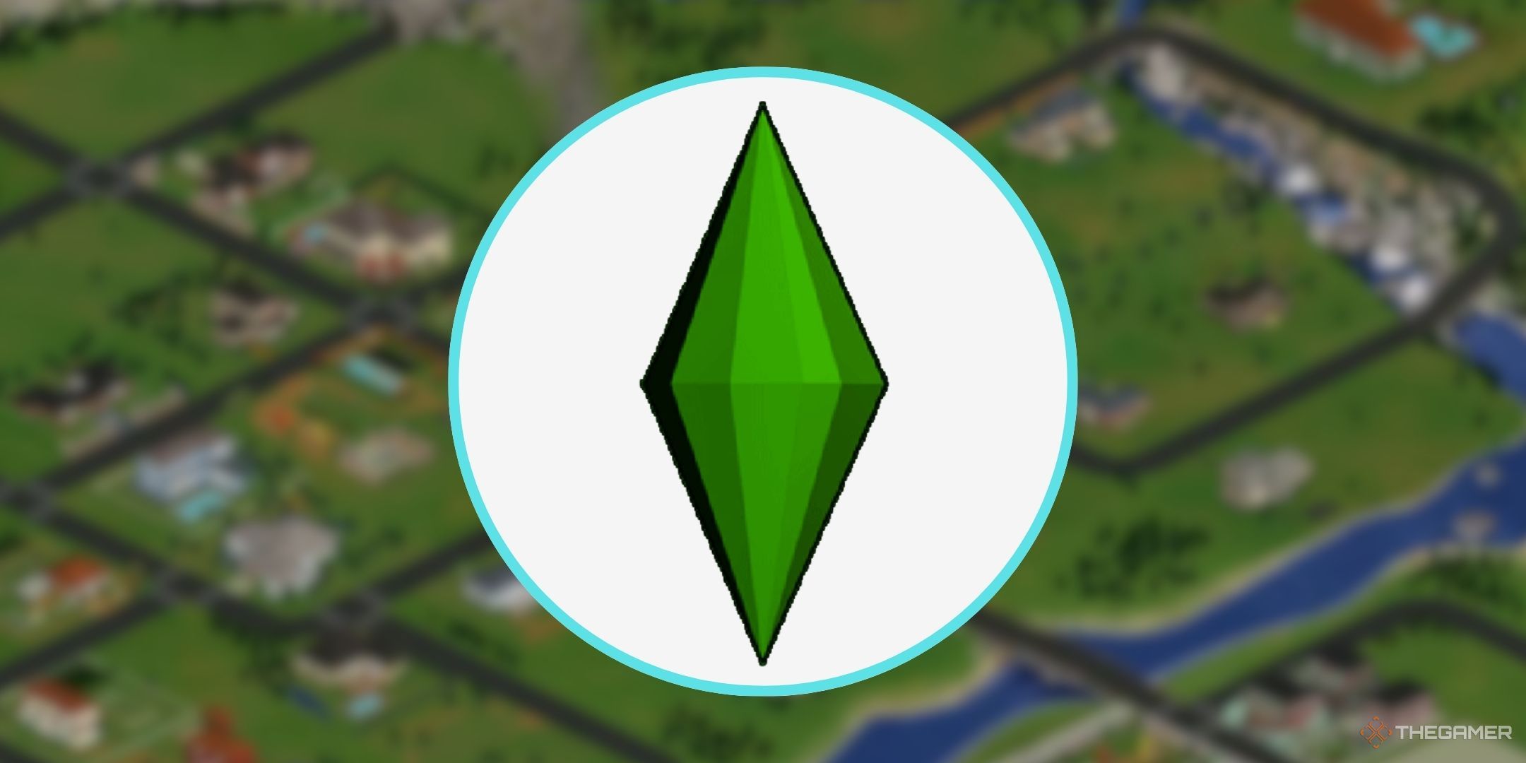 The Sims plumbob over a blurred background of the neighborhood in the original Sims.