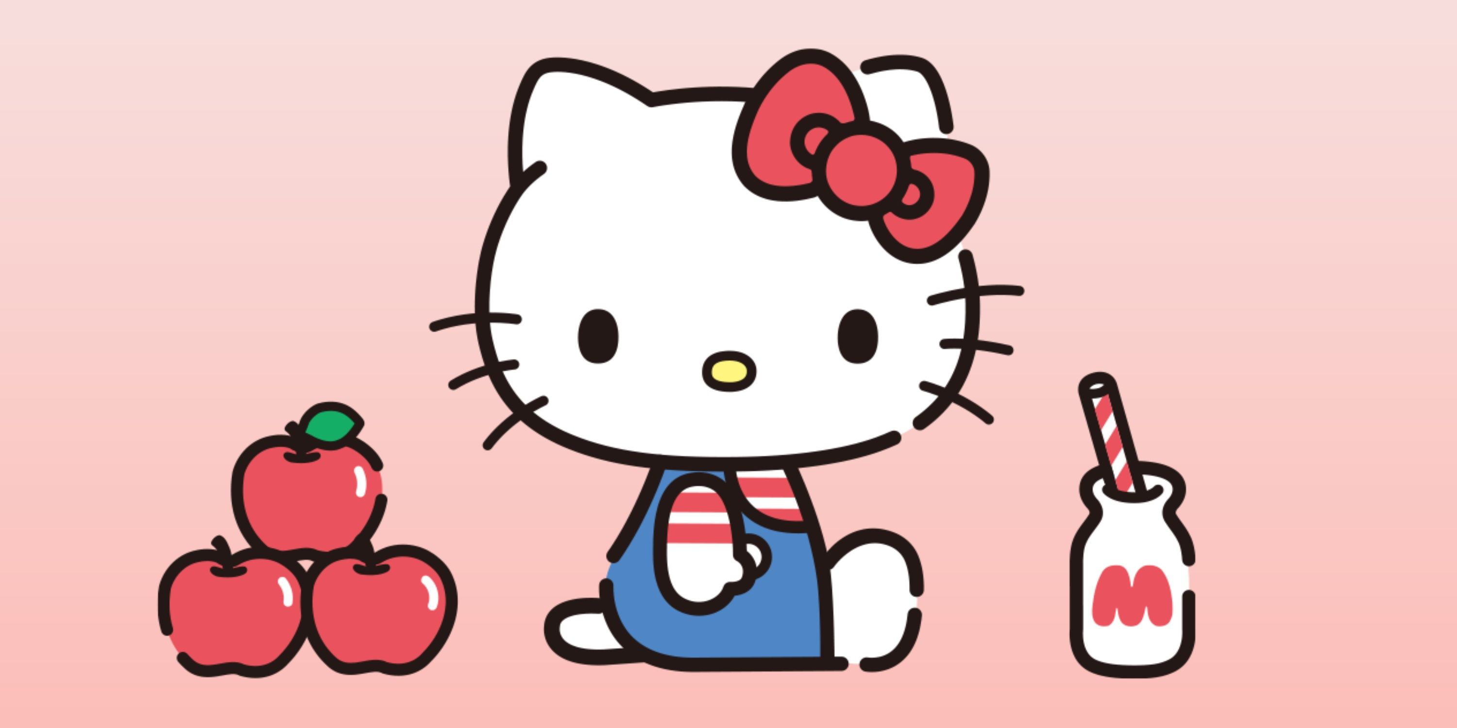 Hello Kitty next to three apples and a glass bottle of milk on a pink gradient background.