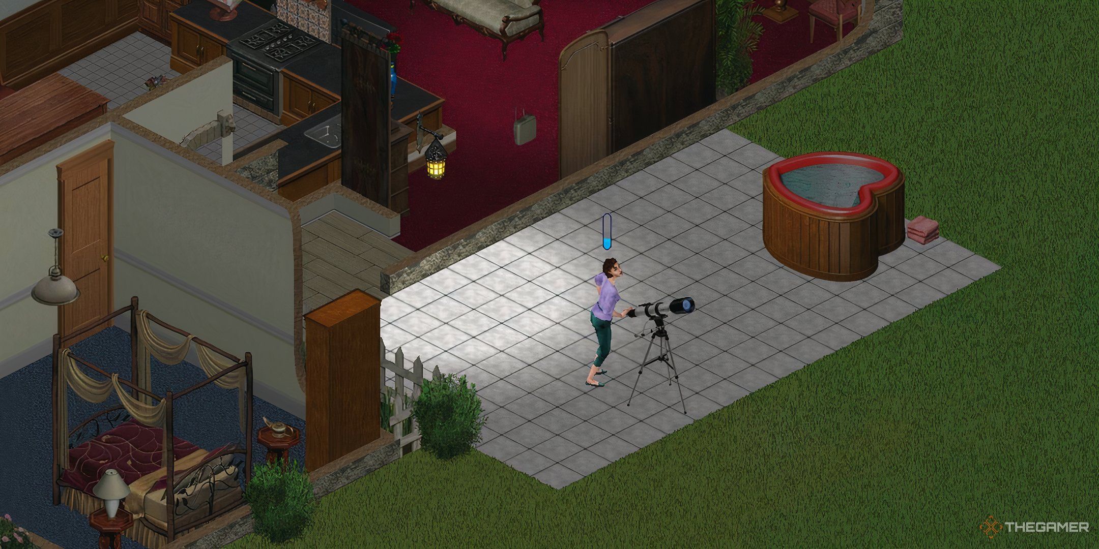 Bettie Newbie looking out of a telescope in The Sims.