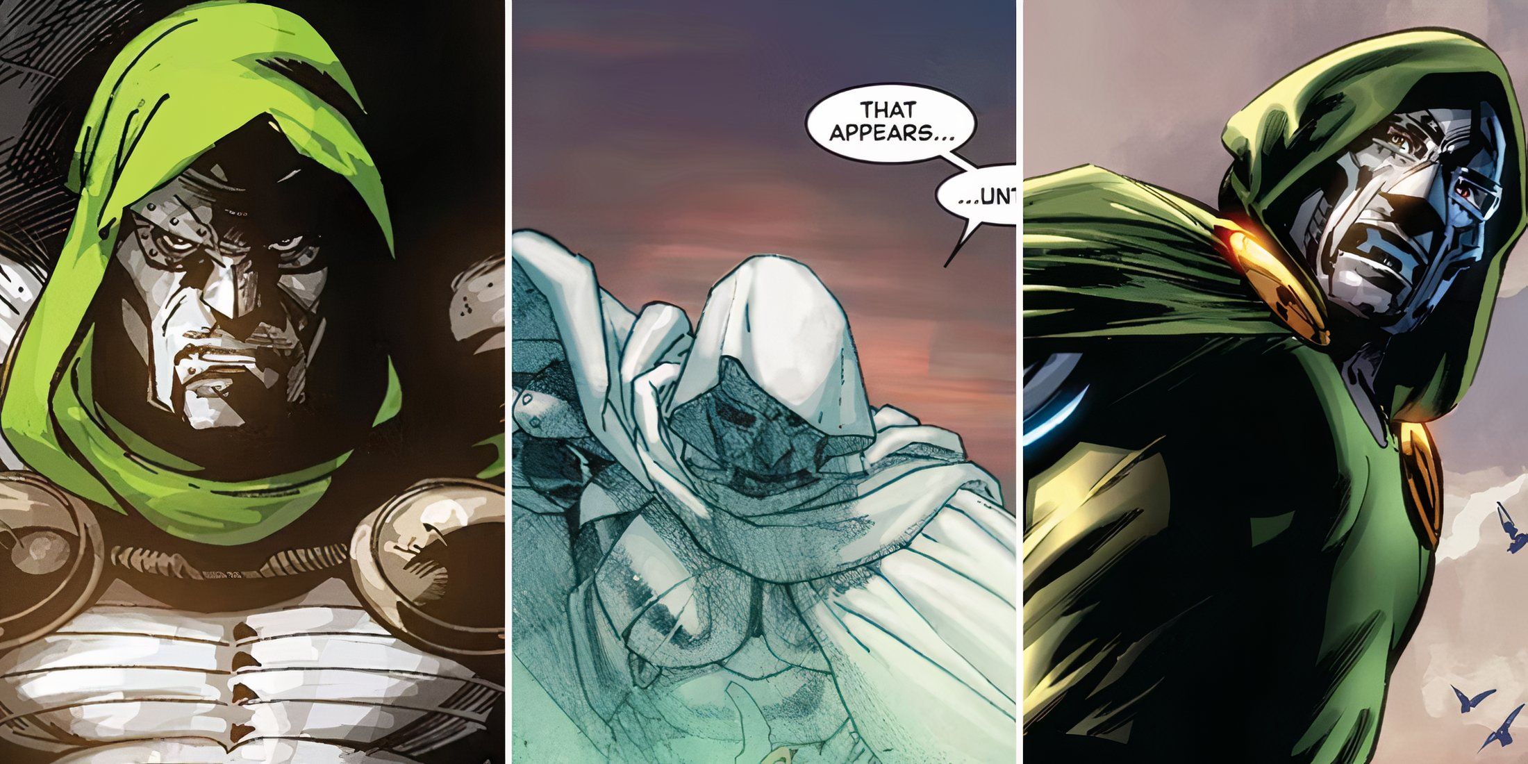 A picture of Different Versions Of Dr Doom