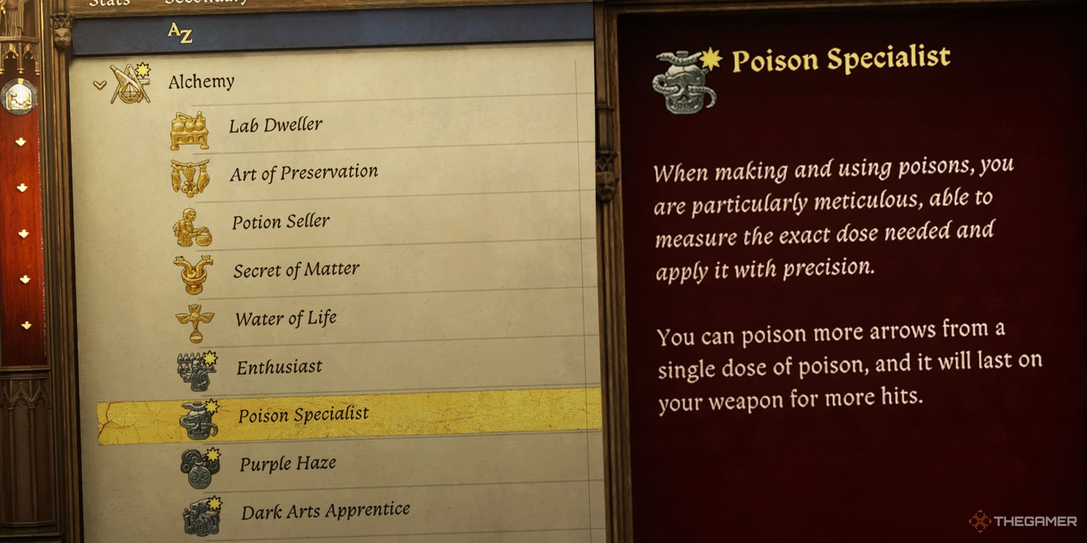 KCD2 Alchemy skills menu and Poison Specialist skill description