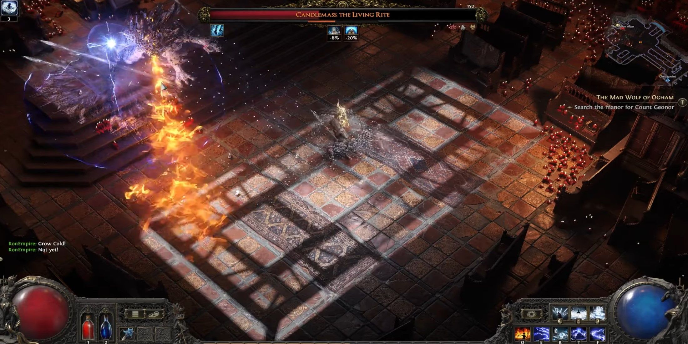 Path of Exile 2 Sorceress fighting Candlemass with lightning and cold skills