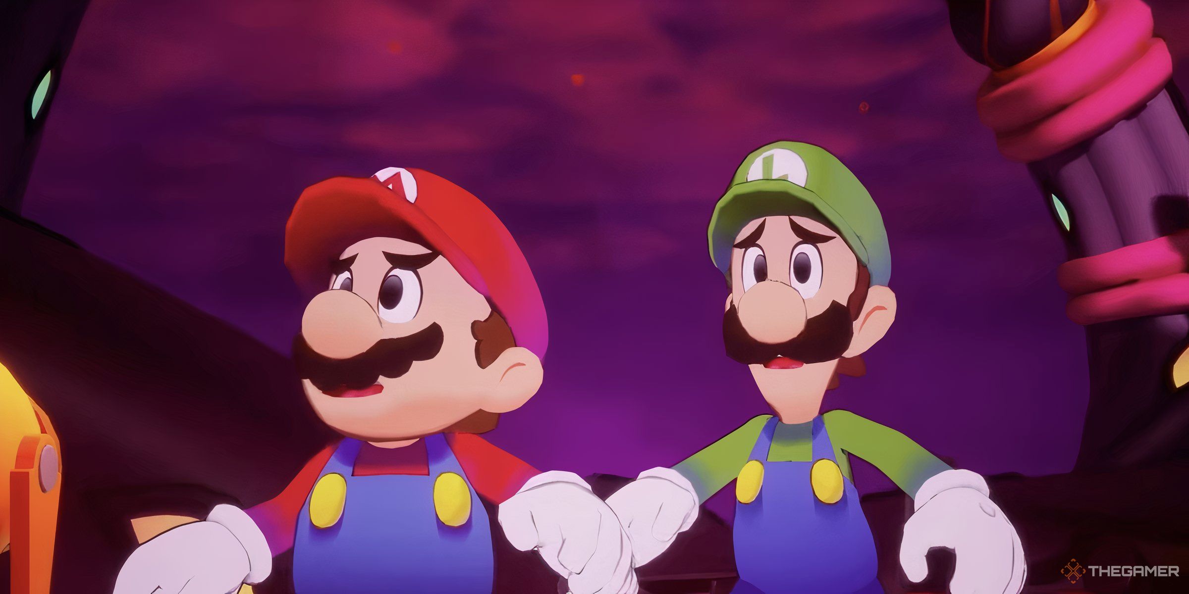 Mario And Luigi Looking In Worry At The Inside Of The Soli-Tree For The First Time In Mario & Luigi: Brothership.