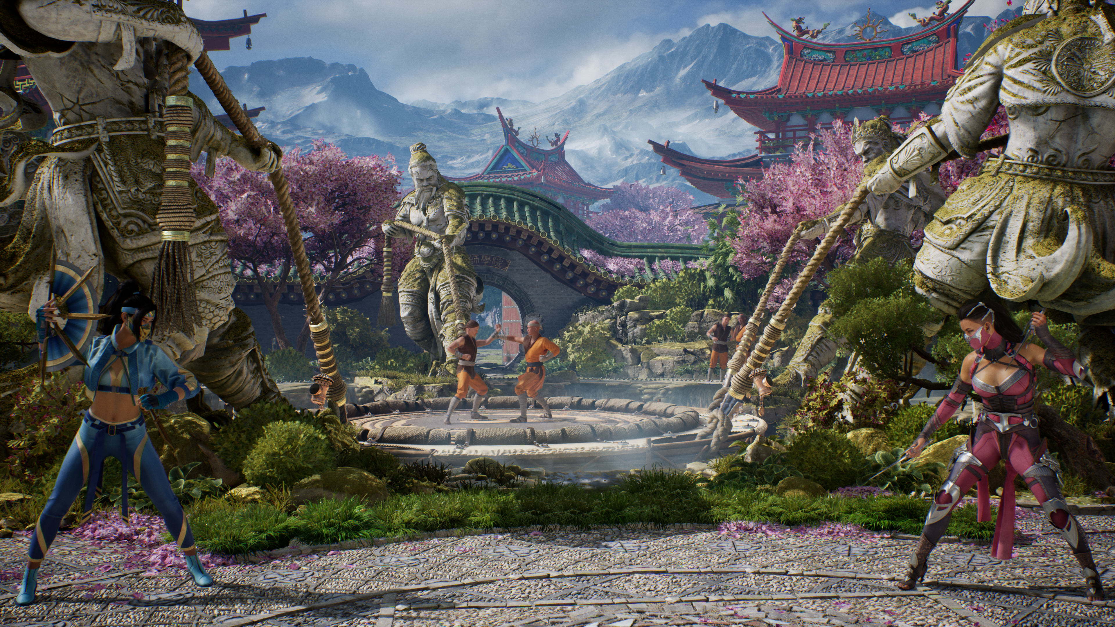 Kitana squaring off against Mileena on the Wu Shi Academy Stage in Mortal Kombat 1.