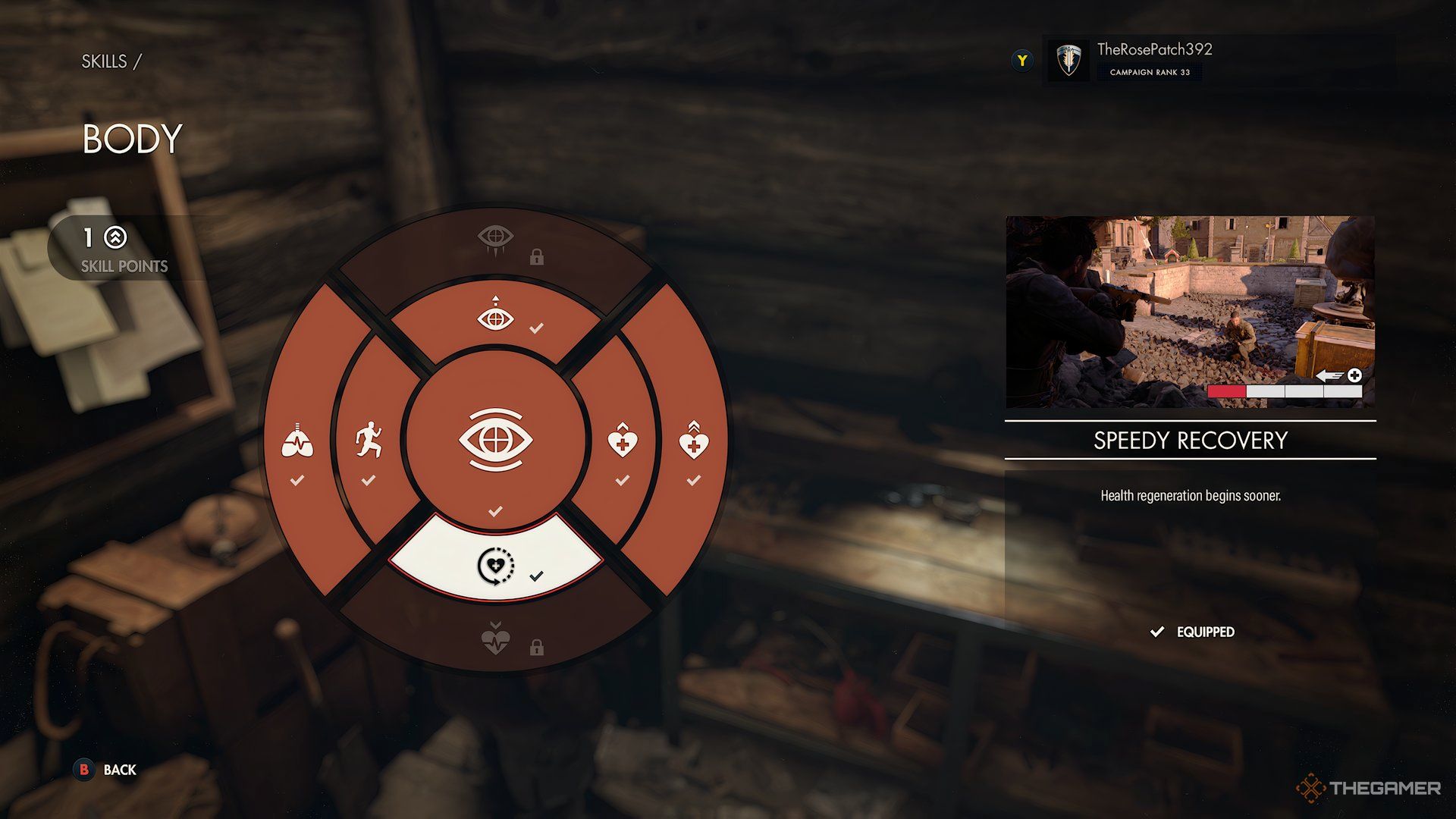 Body Tier Wheel Of Skills WIth Speedy Recovery Highlighted In Sniper Elite: Resistance.