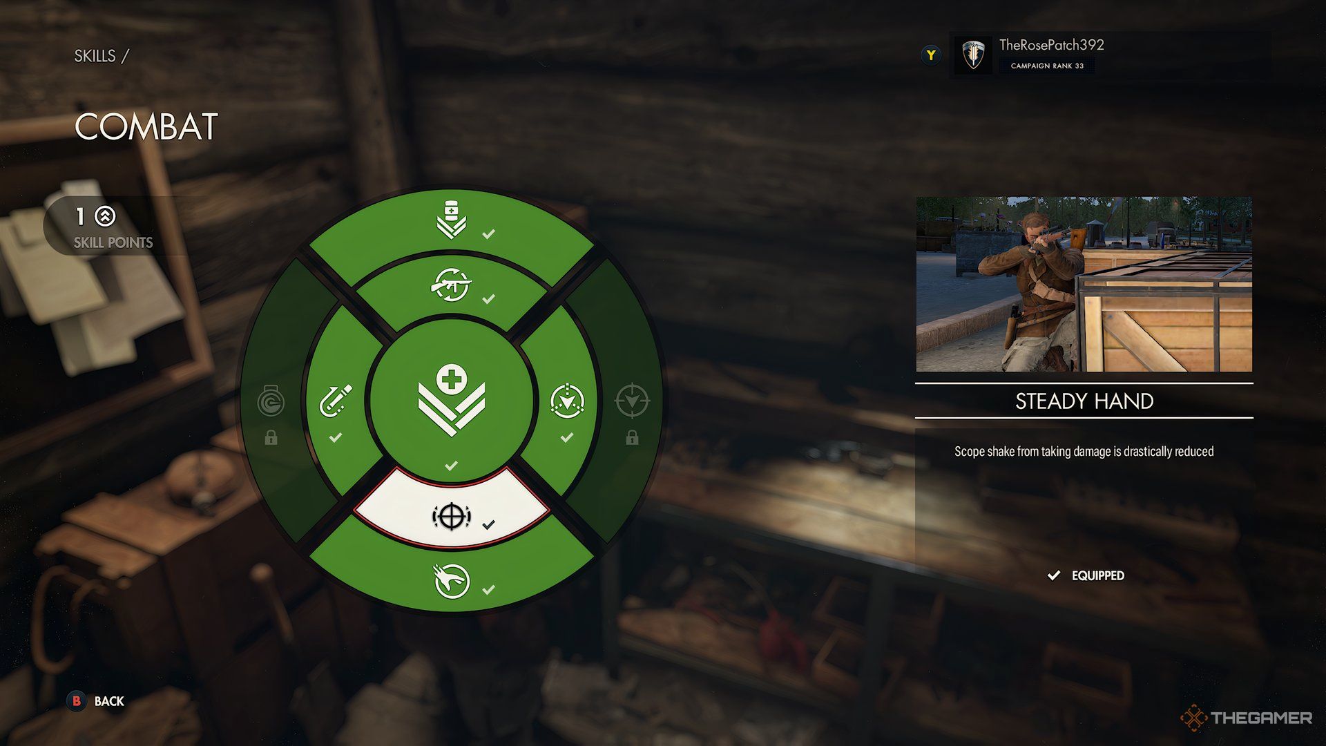 Combat Tier Skill Wheel Highlighting Steady Hand Skill In Sniper Elite: Resistance.