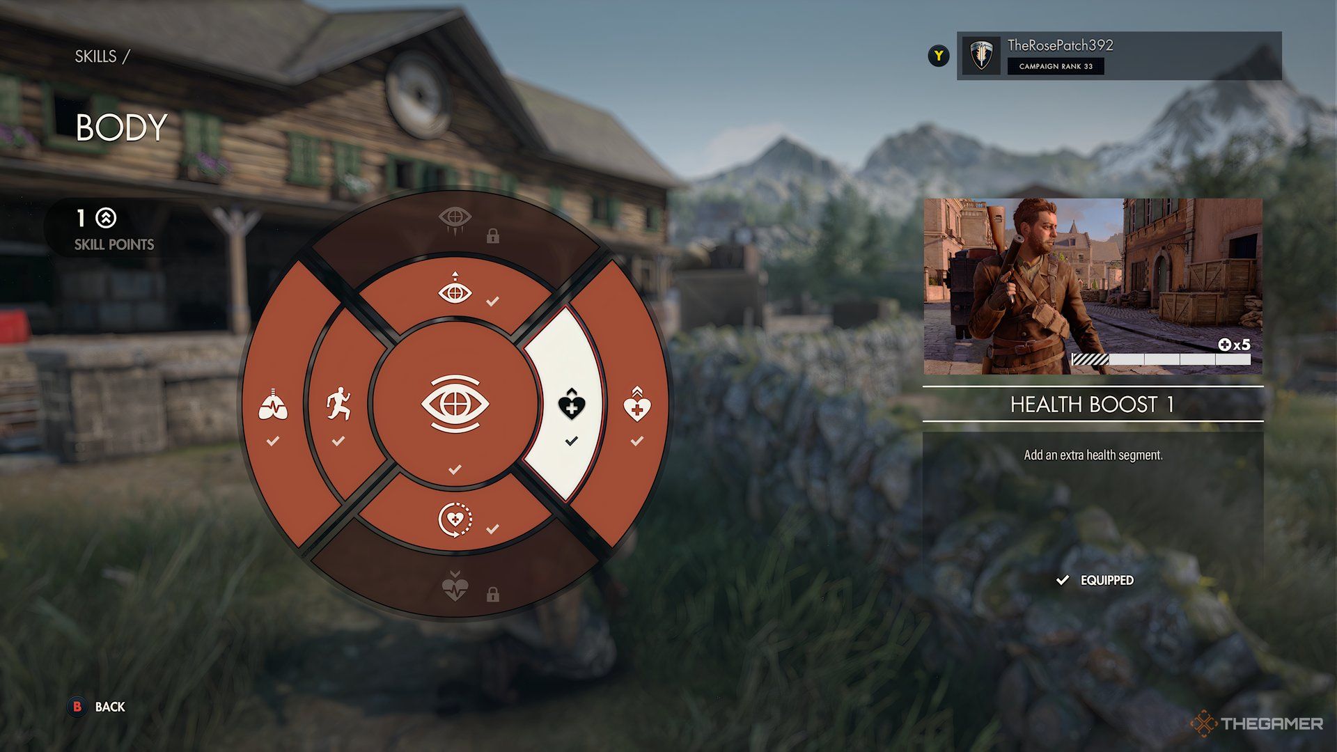 Body Tier Wheel With Health Boost 1 Skill Highlighted In Sniper Elite: Resistance.