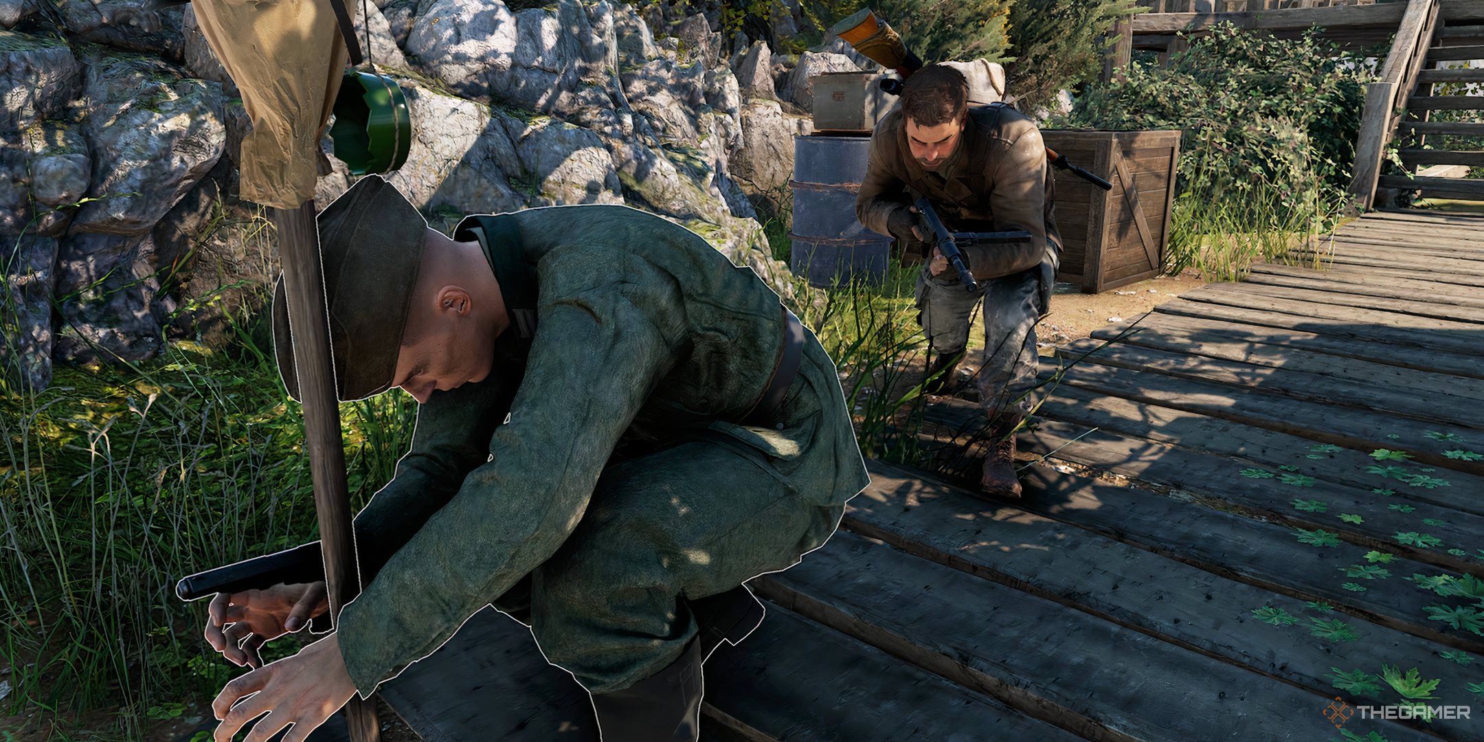 Sneaking Up On Enemy While Distracted By Decoy In Sniper Elite: Resistance.