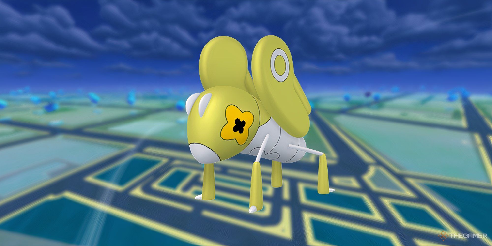 Image of Shiny Nymble from Pokemon with the Pokemon Go map as the background.