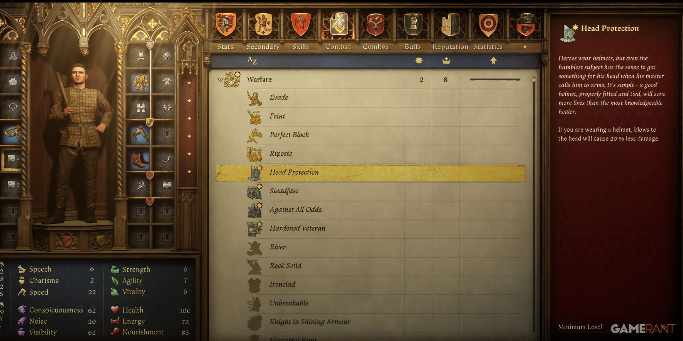 Head Protection perk displayed in the skill menu, enhancing combat in Kingdom Come Deliverance 2