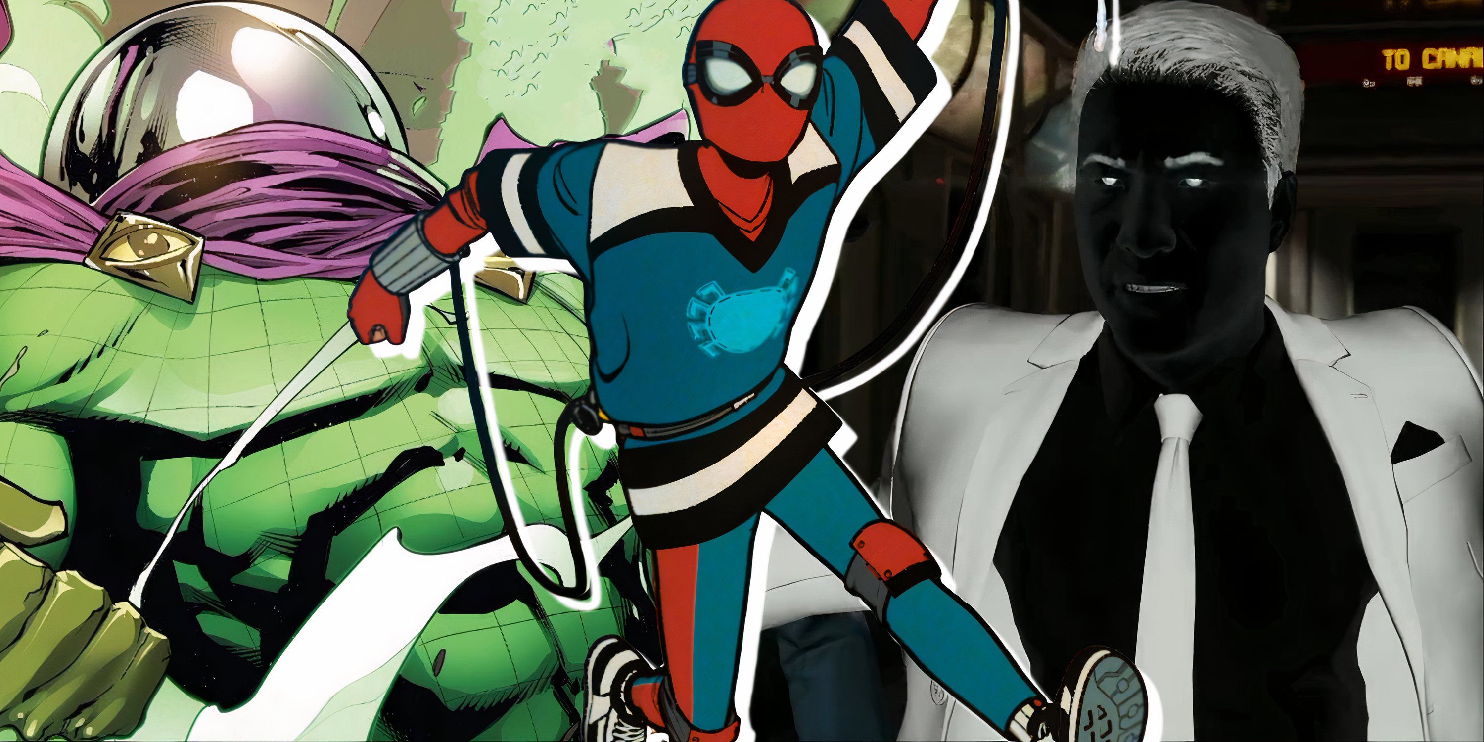 Split image of Mysterio, Mister Negative, and Spider-Man