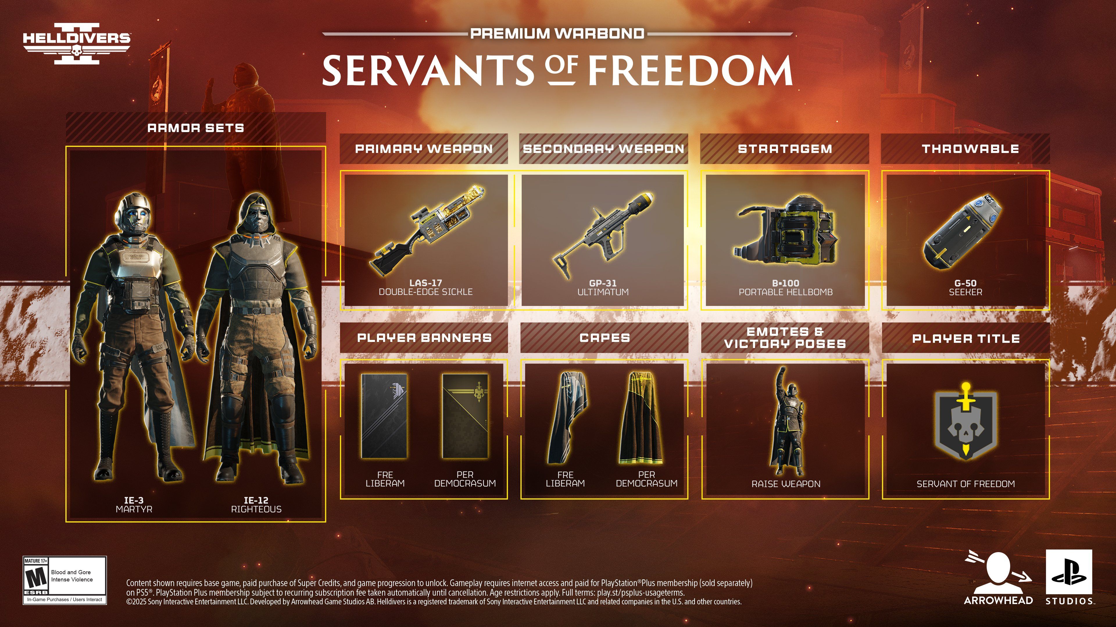 The Servants of Freedom warbond for Helldivers 2 featuring the portable hellbomb and LAS-17 Dual Edge Sickle.