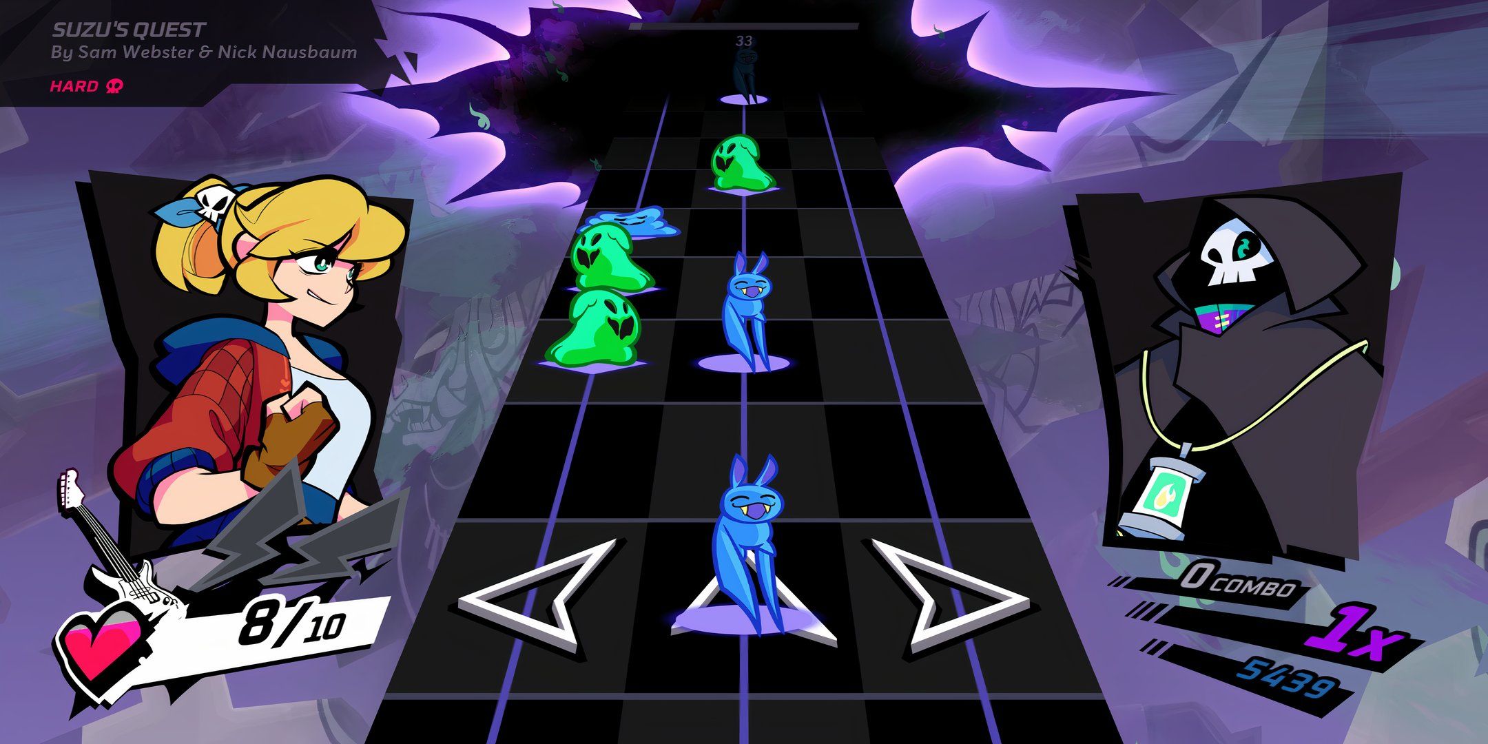 Suzu's quest in rift of the necrodancer, cadence faces a hooded skeleton opposite a song track.