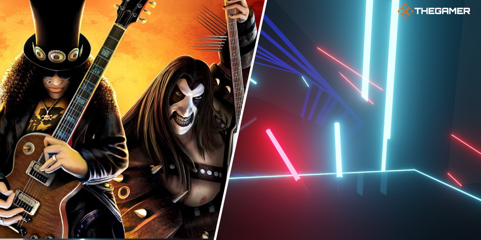 Slash and a KISS member split with two lightsabers from Beat Saber